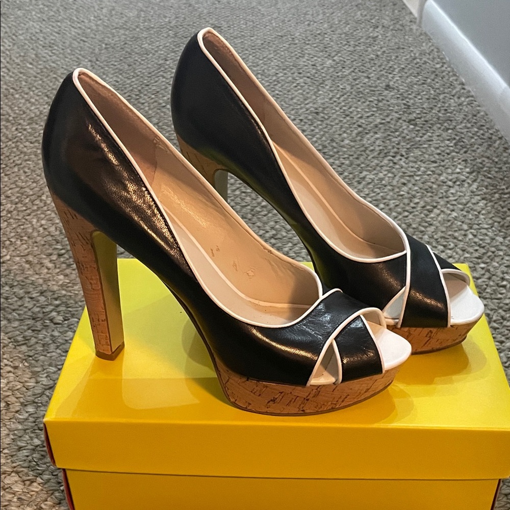 Nine West Black and White Cork Platform Peep-Toe Pumps